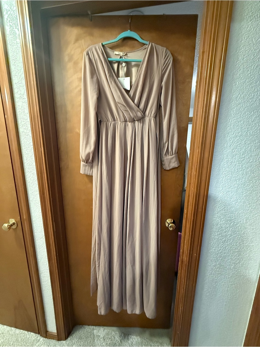 Long Sleeve Taupe Wrap Maxi Dress - Effortless Evening Style